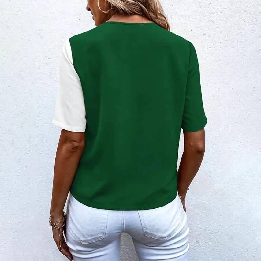 Damen Kurzarmshirt mit V-Ausschnitt, Knöpfen und Tasche