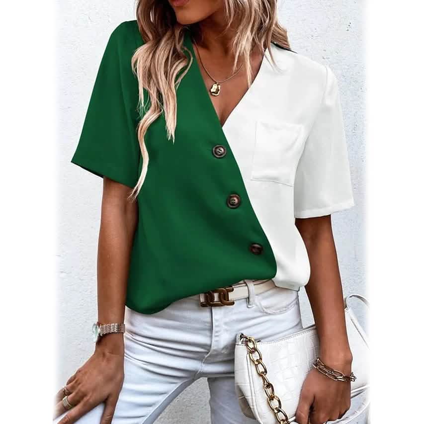 Damen Kurzarmshirt mit V-Ausschnitt, Knöpfen und Tasche