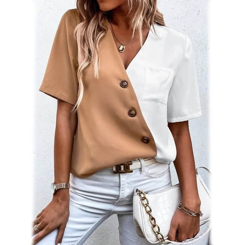 Damen Kurzarmshirt mit V-Ausschnitt, Knöpfen und Tasche
