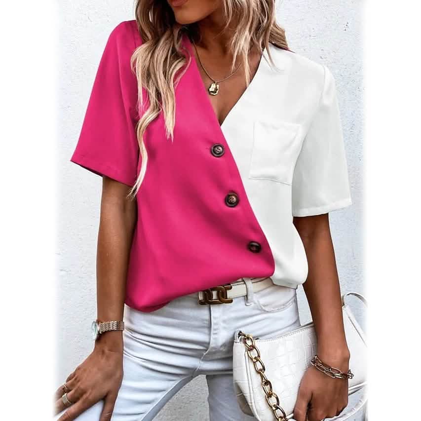 Damen Kurzarmshirt mit V-Ausschnitt, Knöpfen und Tasche