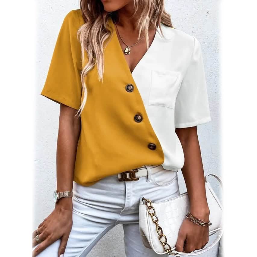 Damen Kurzarmshirt mit V-Ausschnitt, Knöpfen und Tasche