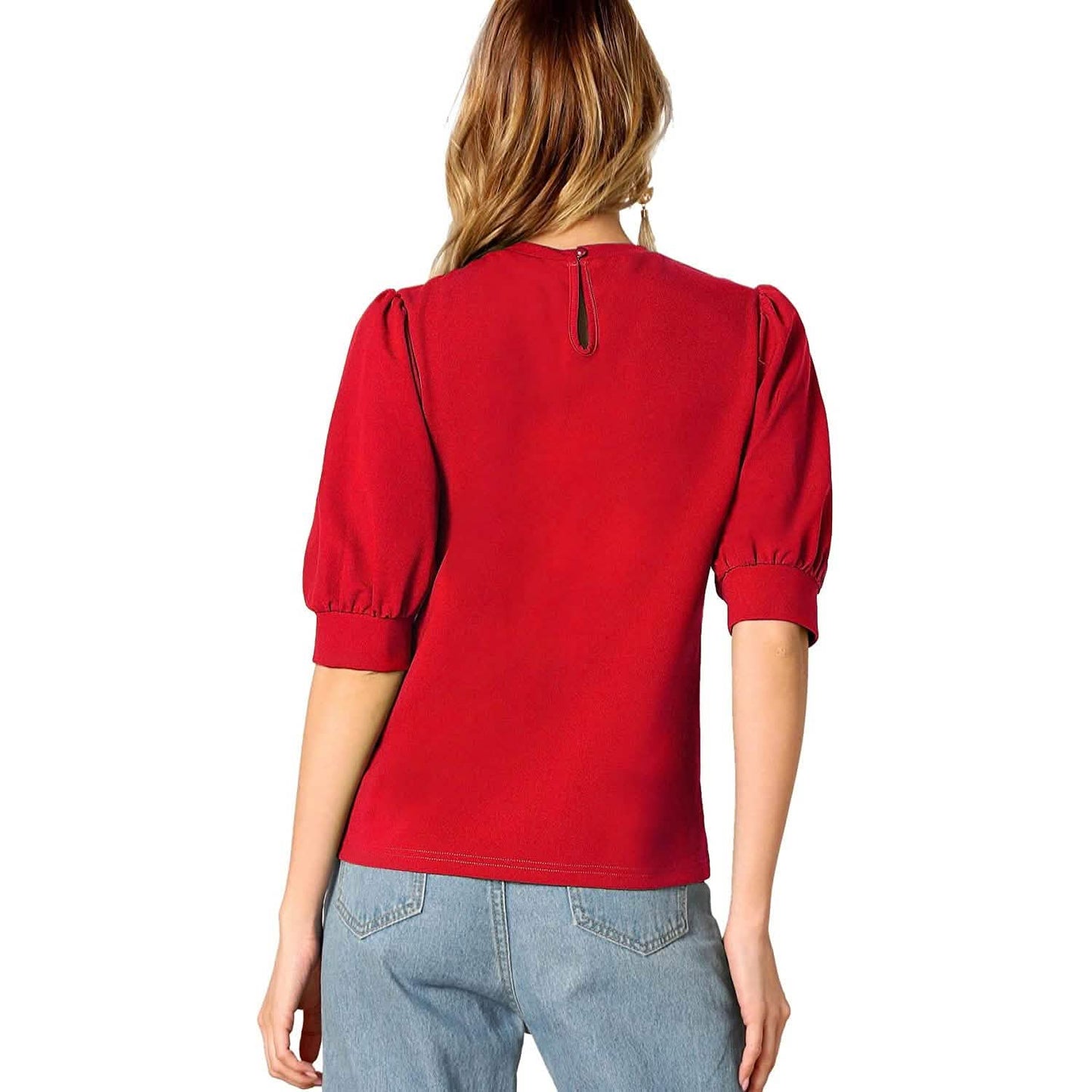 Damen-Puffärmel-Pullover mit Schlüsselloch-Rückenbluse