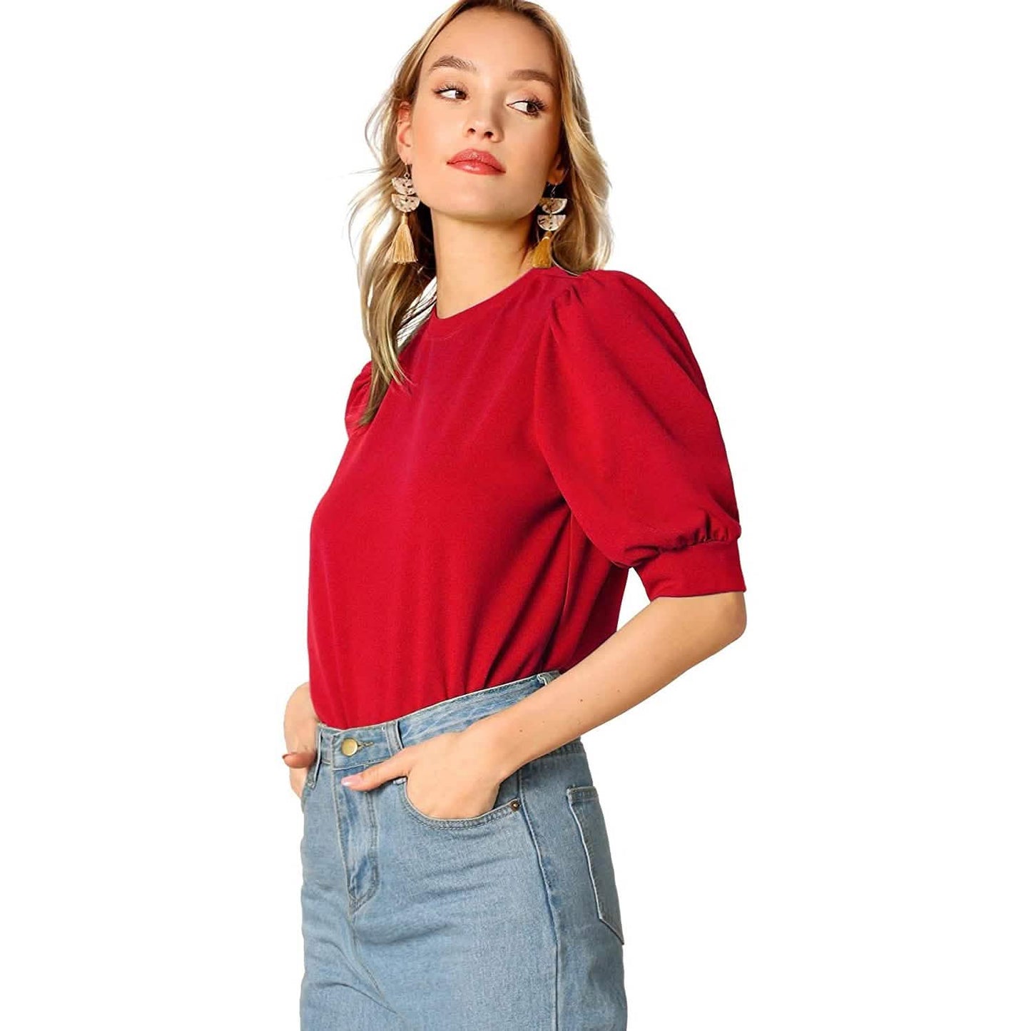 Damen-Puffärmel-Pullover mit Schlüsselloch-Rückenbluse