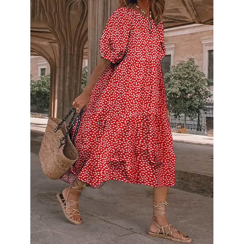 Damenrüschenkleid mit Patchwork-Print in Midilänge