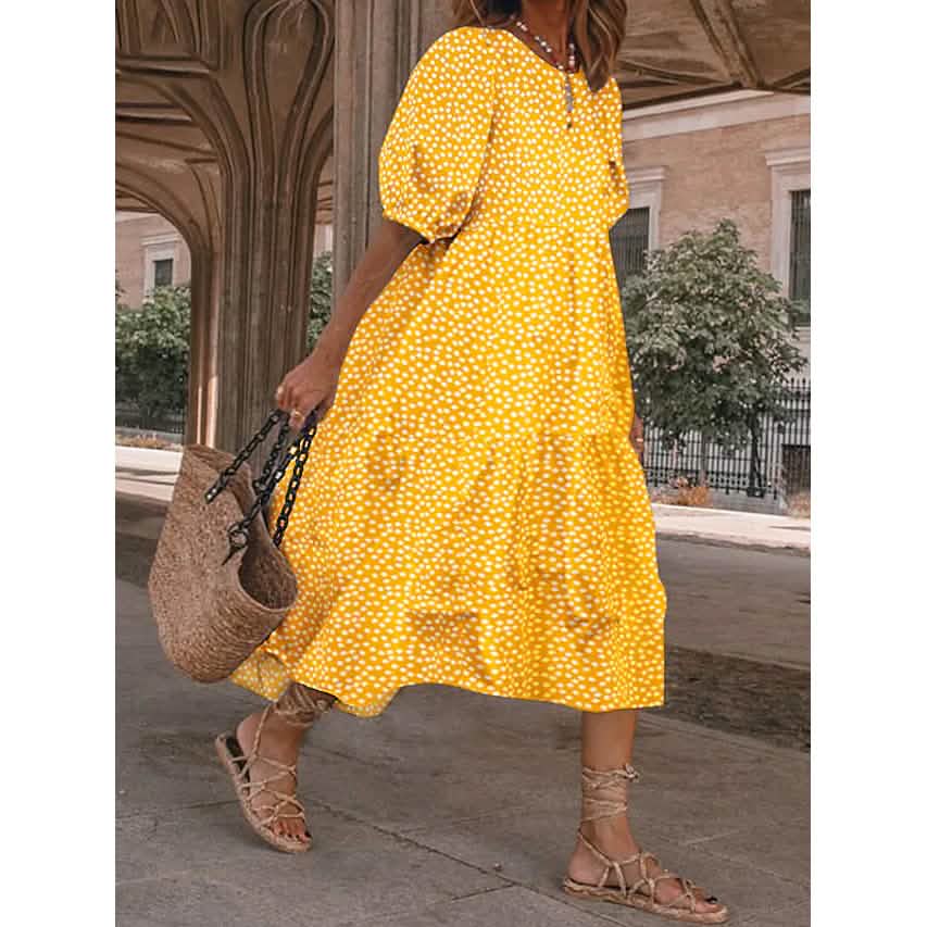 Damenrüschenkleid mit Patchwork-Print in Midilänge