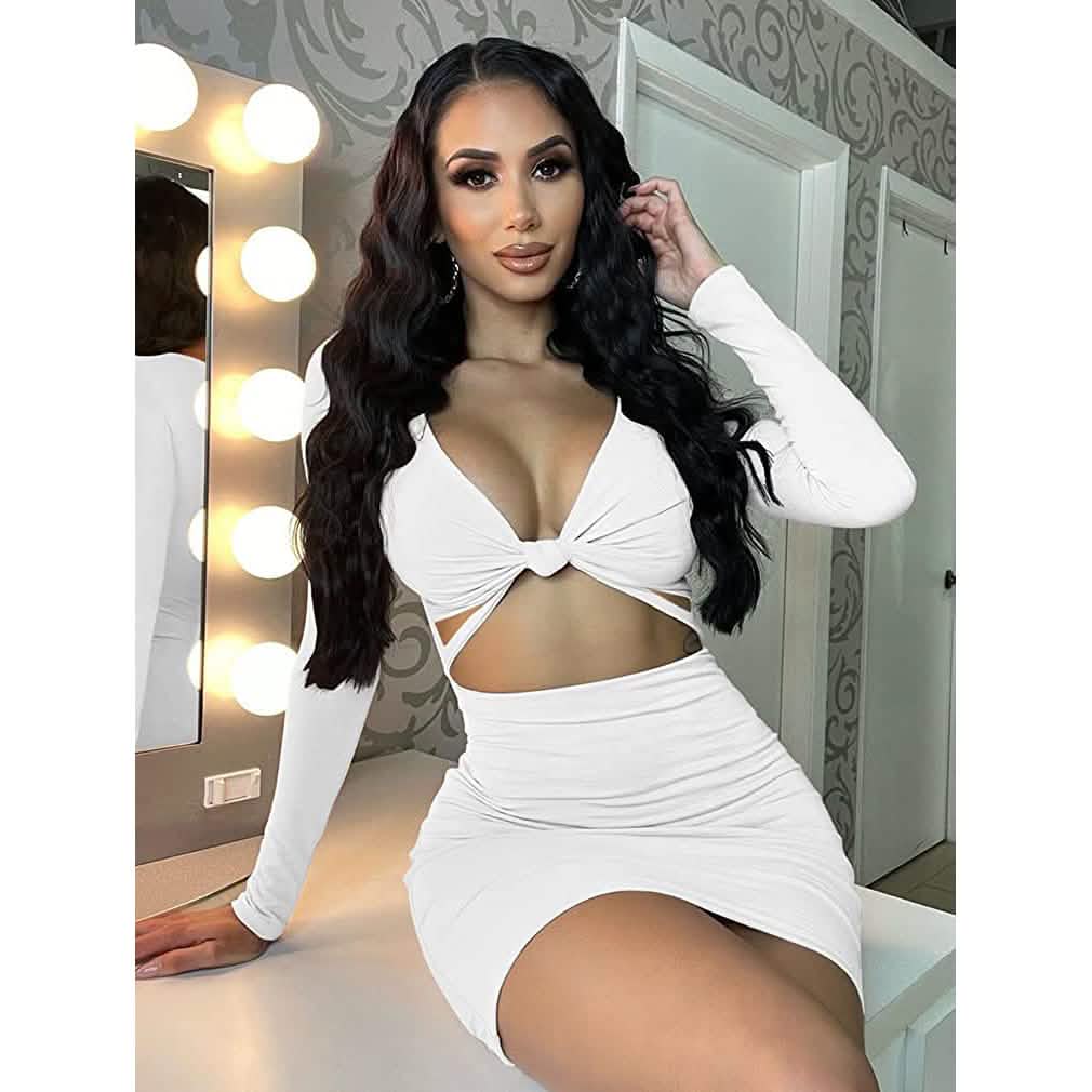 Damen Sexy Bodycon Kleid mit tiefem V-Ausschnitt, langen Ärmeln und Cut-Outs, Club Mini-Kleid