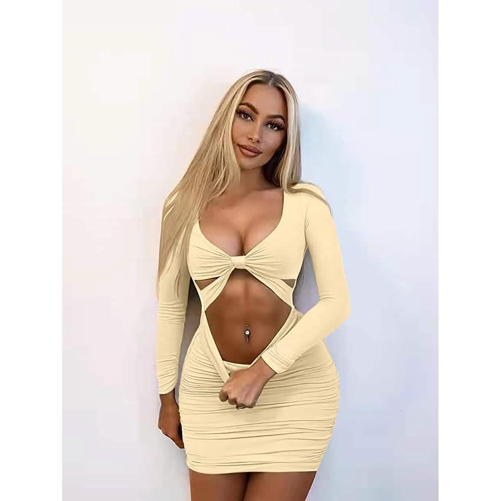 Damen Sexy Bodycon Kleid mit tiefem V-Ausschnitt, langen Ärmeln und Cut-Outs, Club Mini-Kleid