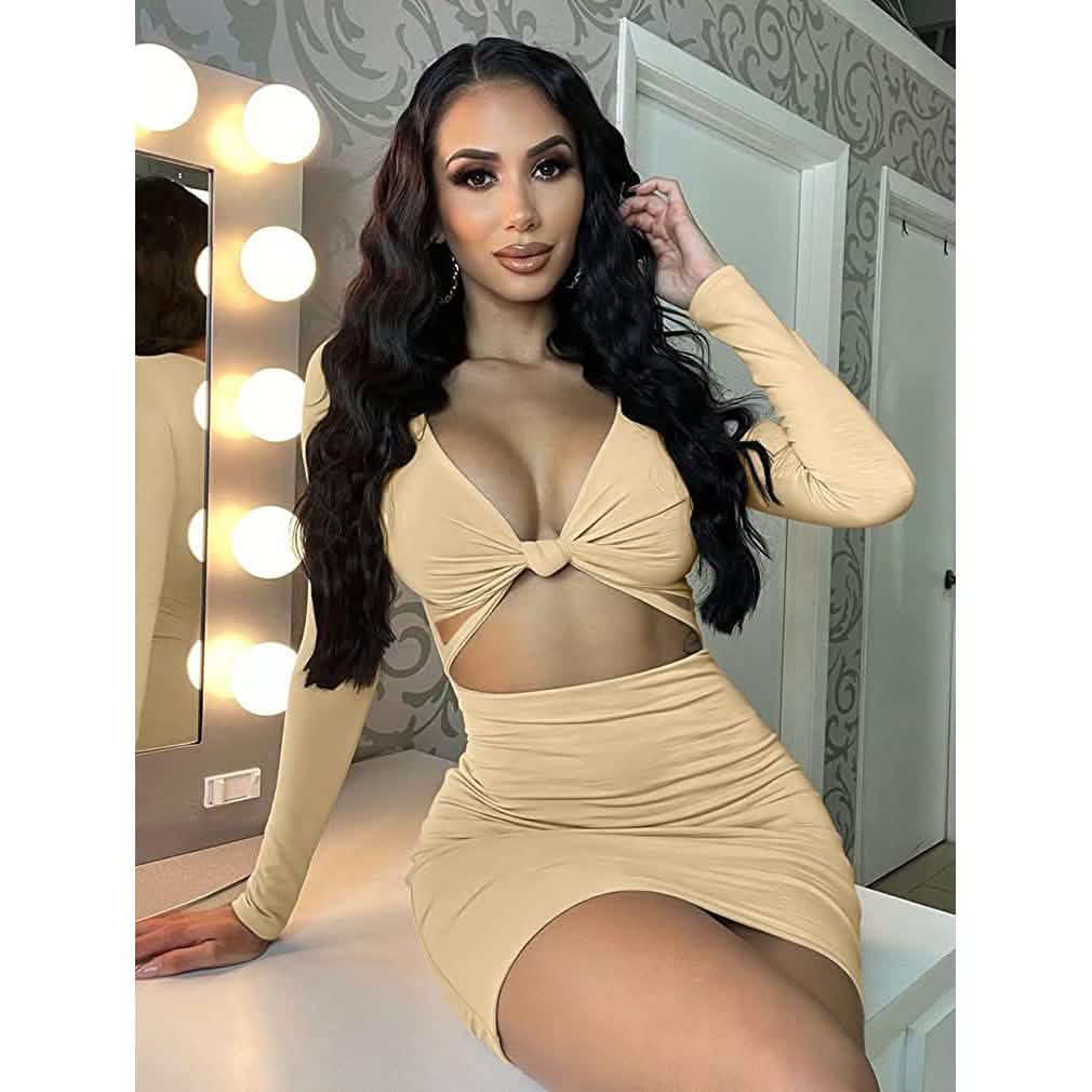 Damen Sexy Bodycon Kleid mit tiefem V-Ausschnitt, langen Ärmeln und Cut-Outs, Club Mini-Kleid