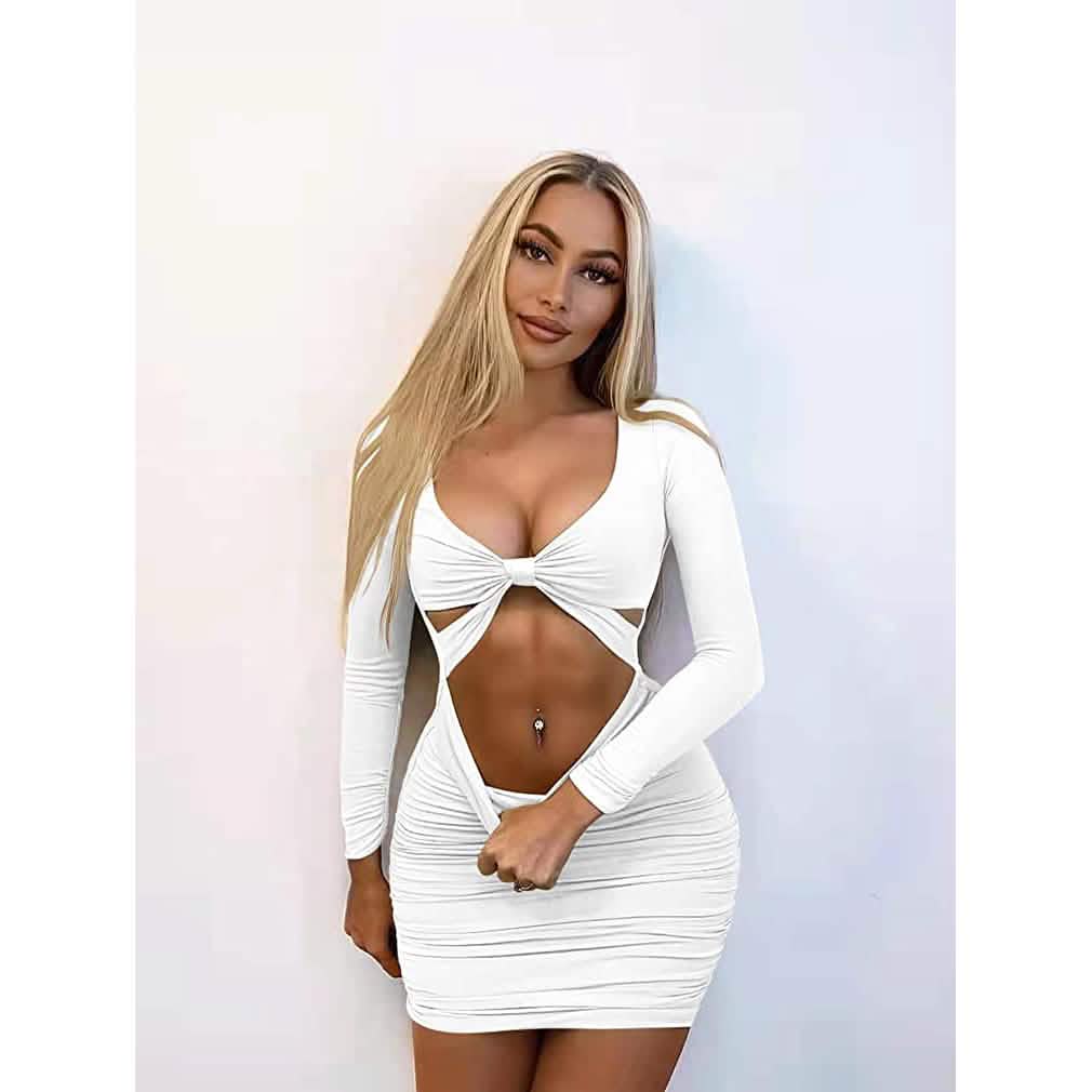 Damen Sexy Bodycon Kleid mit tiefem V-Ausschnitt, langen Ärmeln und Cut-Outs, Club Mini-Kleid