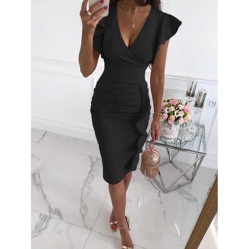 Damen Etui V-Ausschnitt Knielanges Kleid