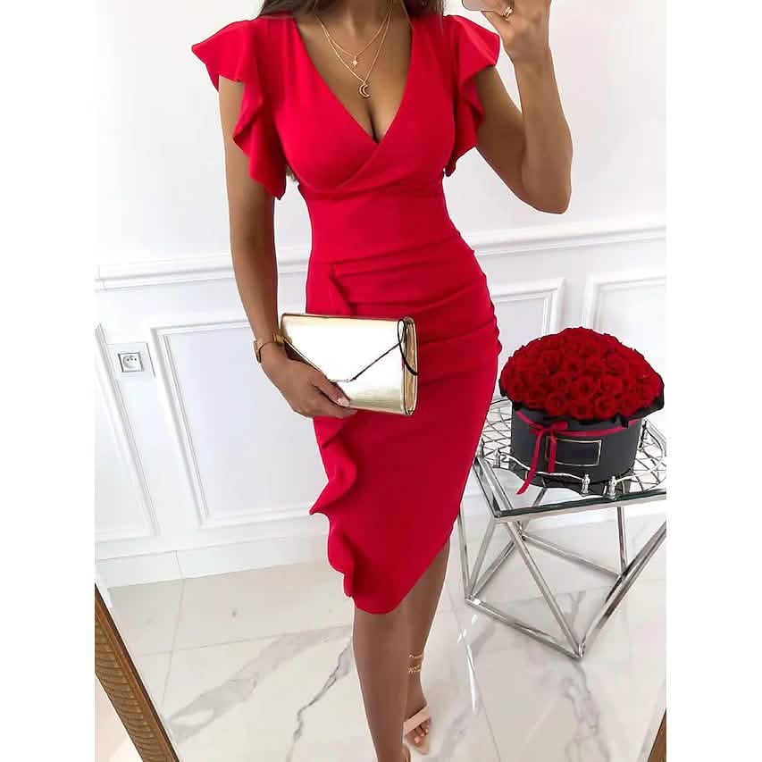 Damen Etui V-Ausschnitt Knielanges Kleid