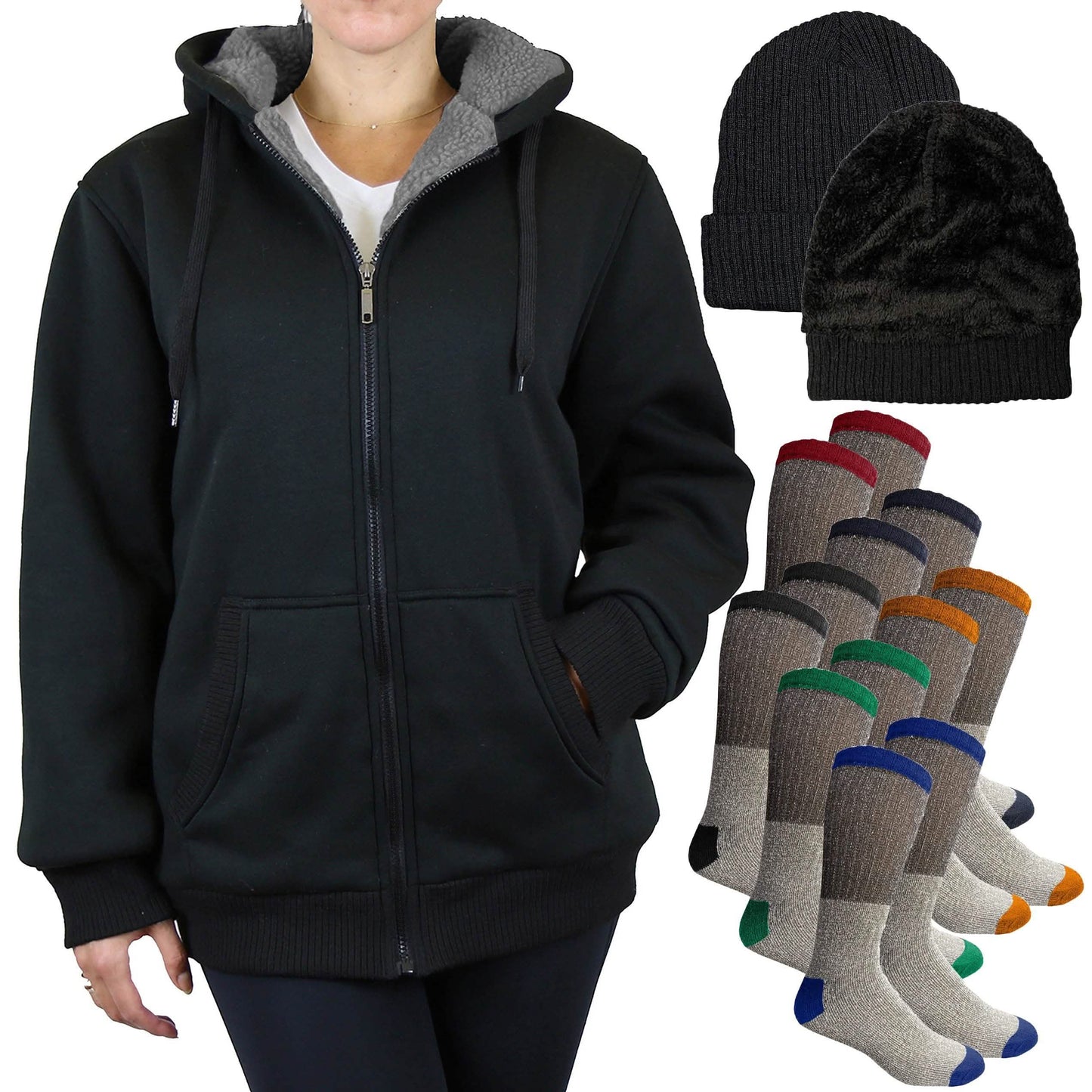 Geschenkset für Damen: Sherpa-Kapuzenpullover, Mütze und Thermosocken