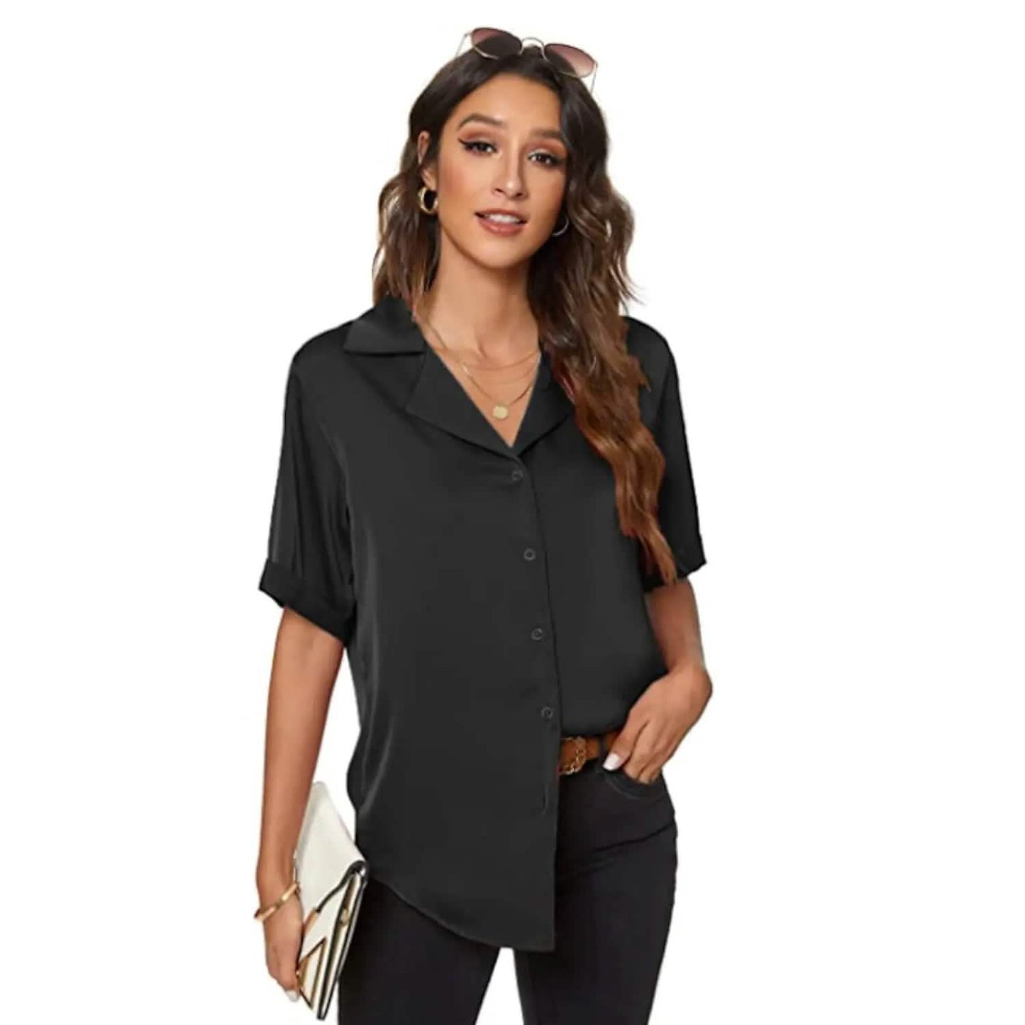 Damen Kurzarm Freizeit Satin Button-Down Hemd
