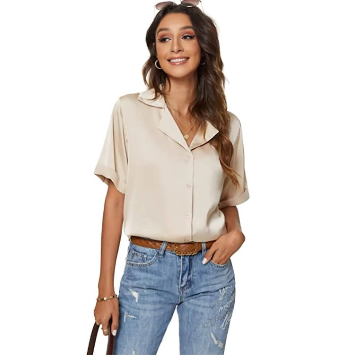 Damen Kurzarm Freizeit Satin Button-Down Hemd