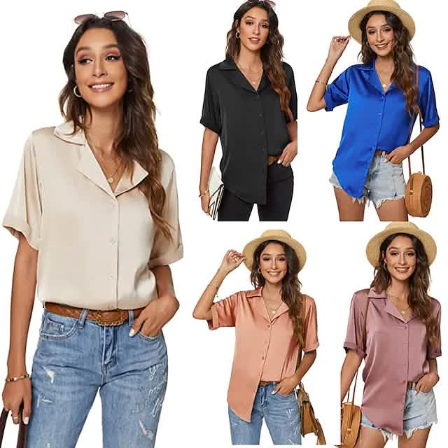 Damen Kurzarm Freizeit Satin Button-Down Hemd