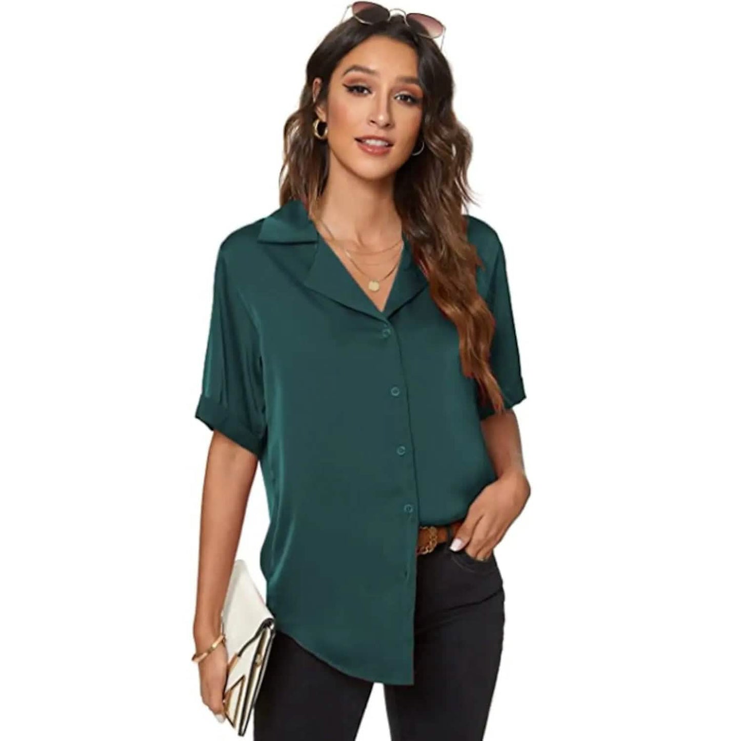 Damen Kurzarm Freizeit Satin Button-Down Hemd
