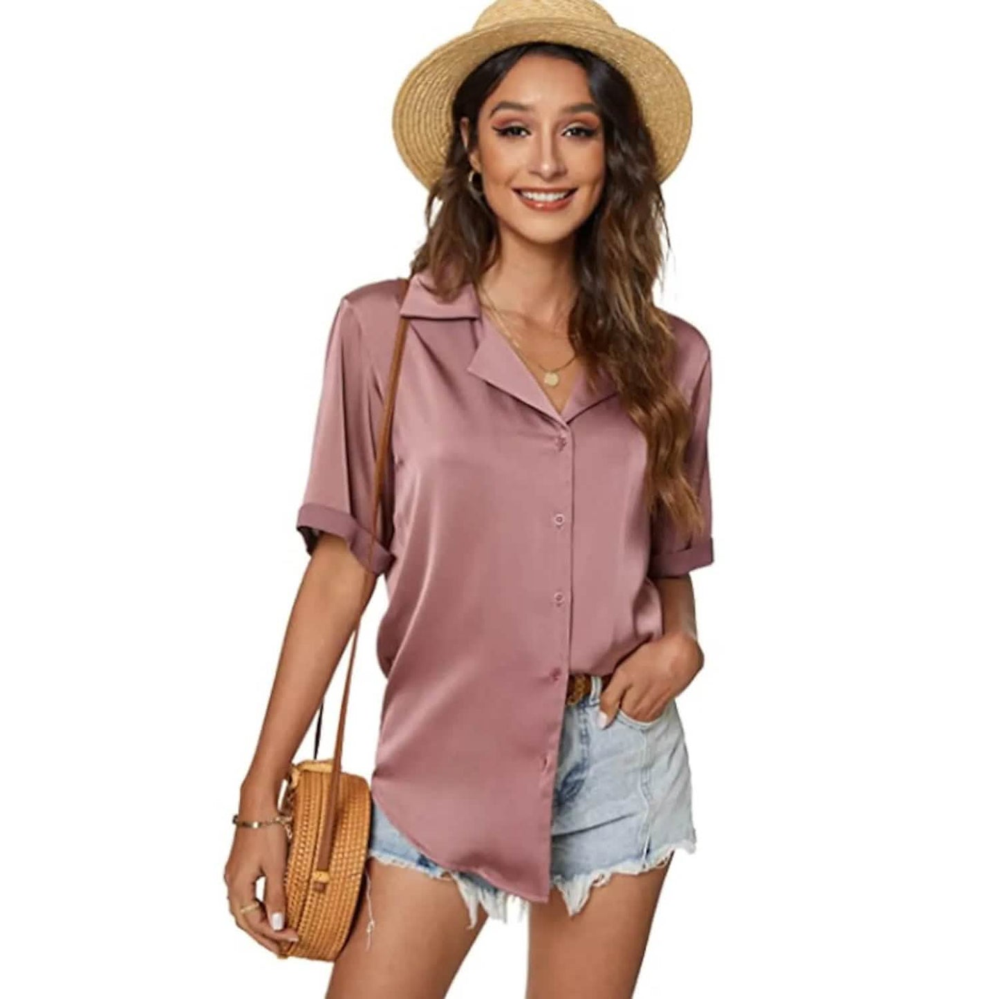 Damen Kurzarm Freizeit Satin Button-Down Hemd