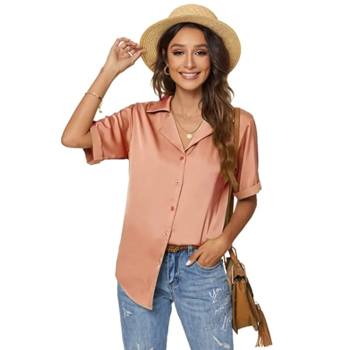 Damen Kurzarm Freizeit Satin Button-Down Hemd