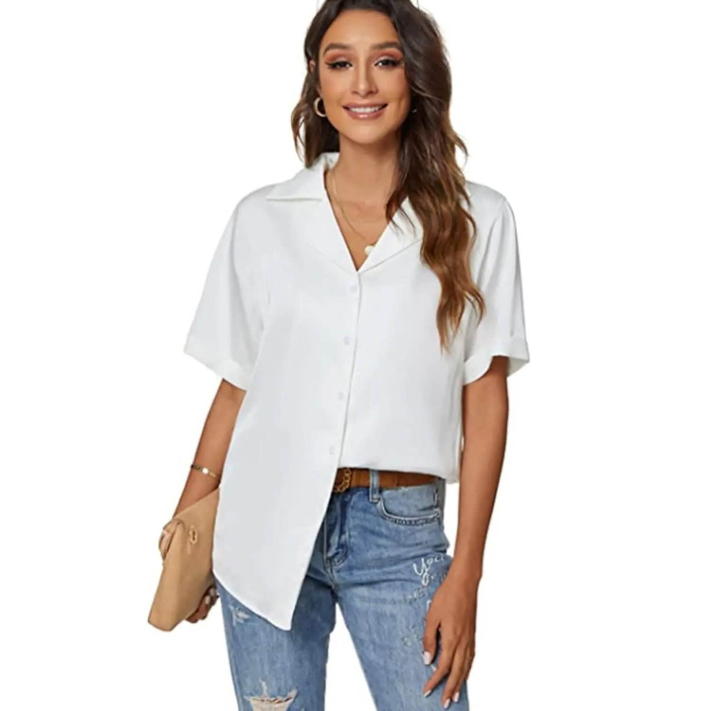 Damen Kurzarm Freizeit Satin Button-Down Hemd