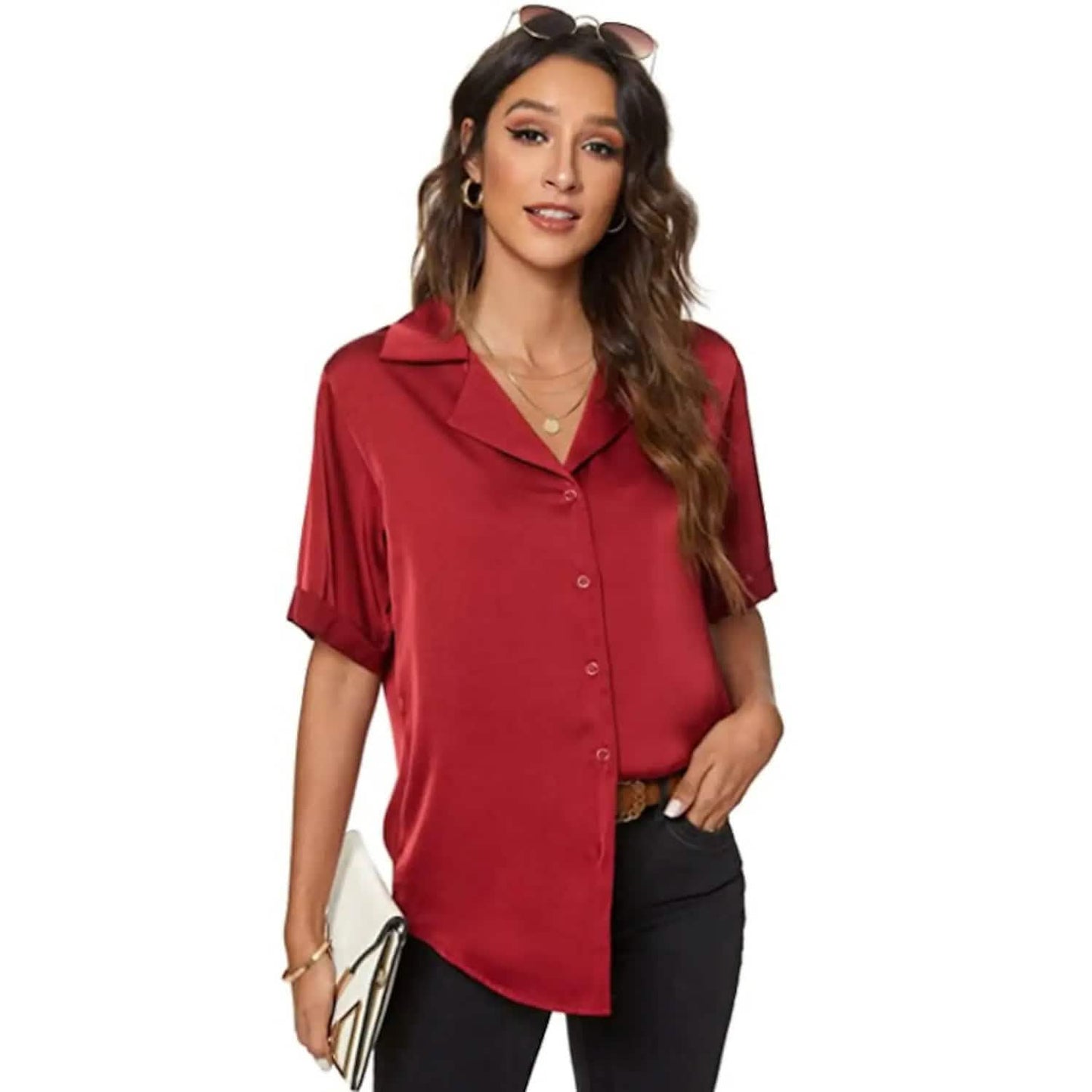 Damen Kurzarm Freizeit Satin Button-Down Hemd