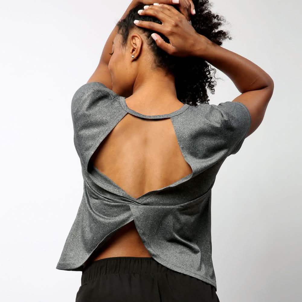 Damen Kurzarm Crisscross Offener Rücken Einfarbiges T-Shirt Bluse