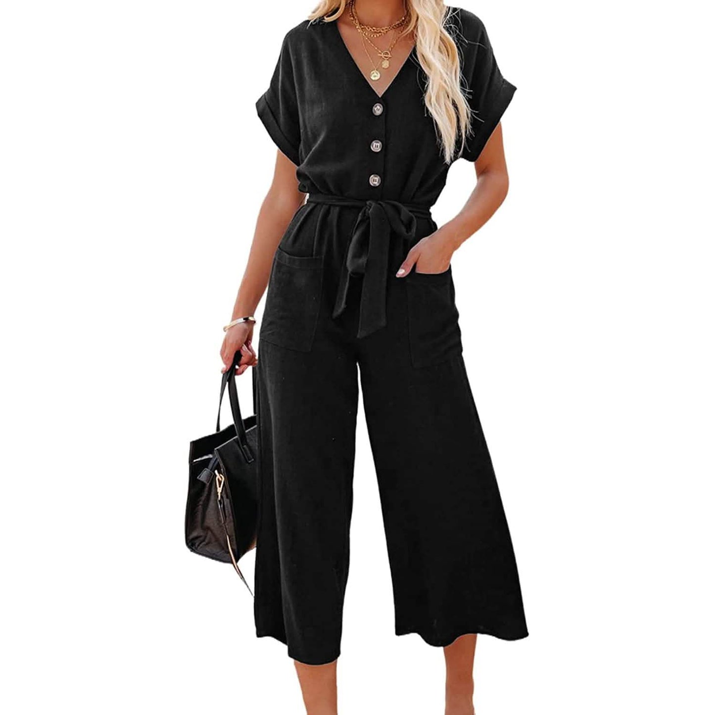 Damen Kurzarm V-Ausschnitt Knopfleiste Gürtel Weites Bein Jumpsuit