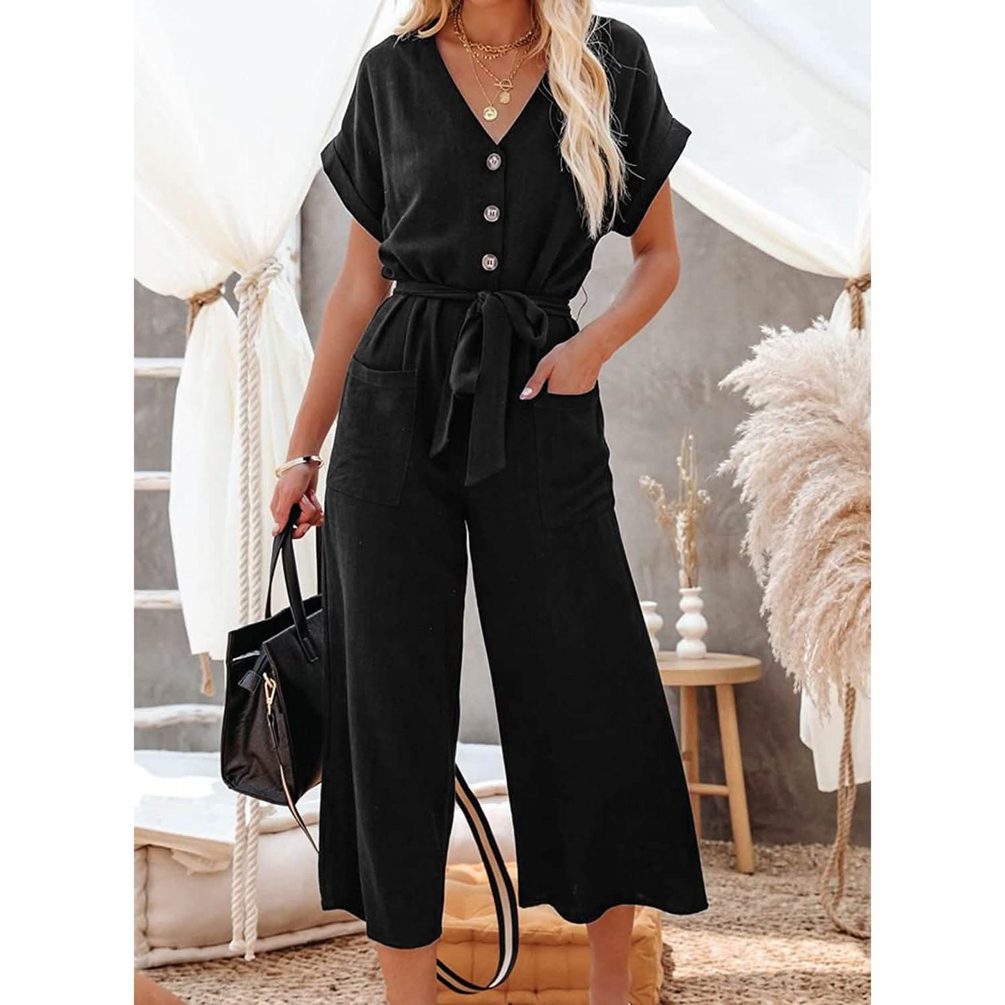 Damen Kurzarm V-Ausschnitt Knopfleiste Gürtel Weites Bein Jumpsuit