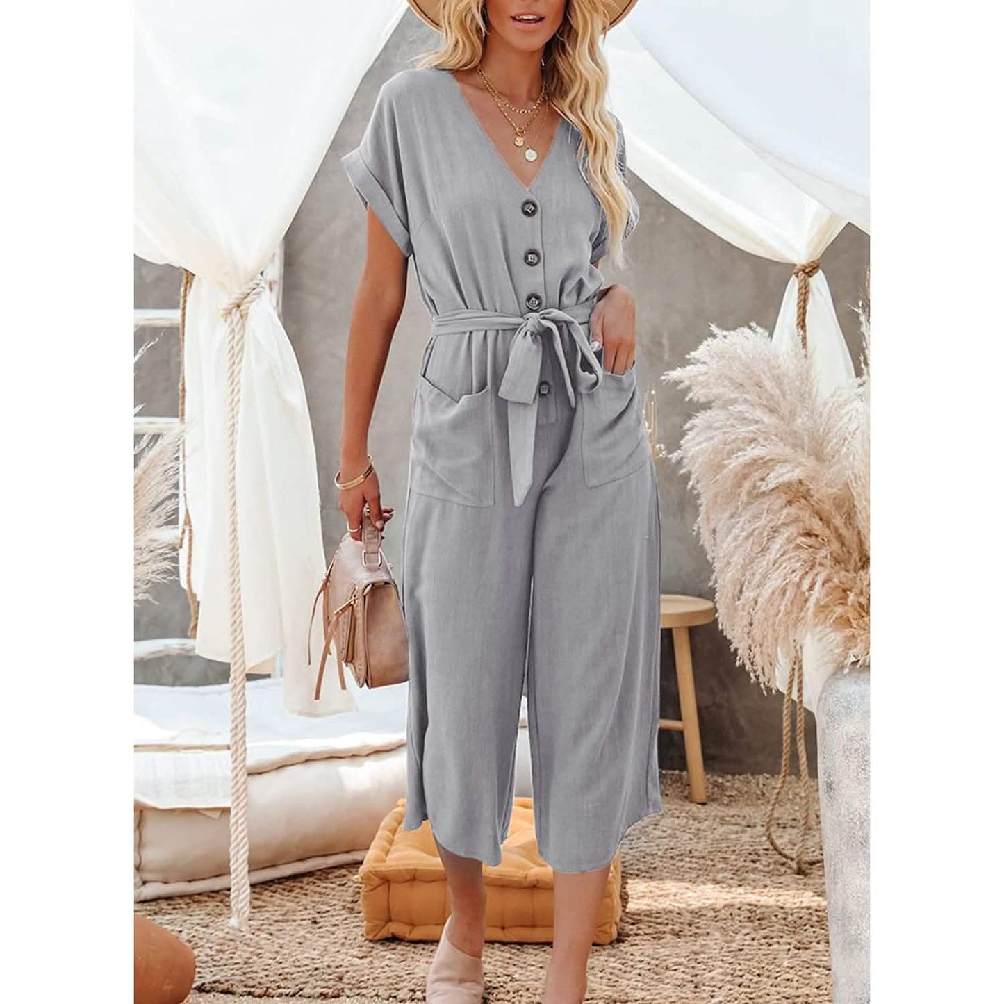 Damen Kurzarm V-Ausschnitt Knopfleiste Gürtel Weites Bein Jumpsuit