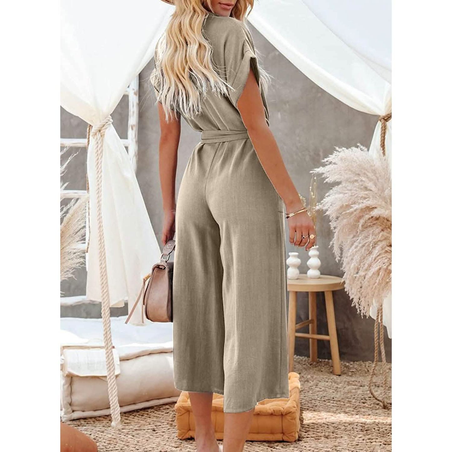 Damen Kurzarm V-Ausschnitt Knopfleiste Gürtel Weites Bein Jumpsuit