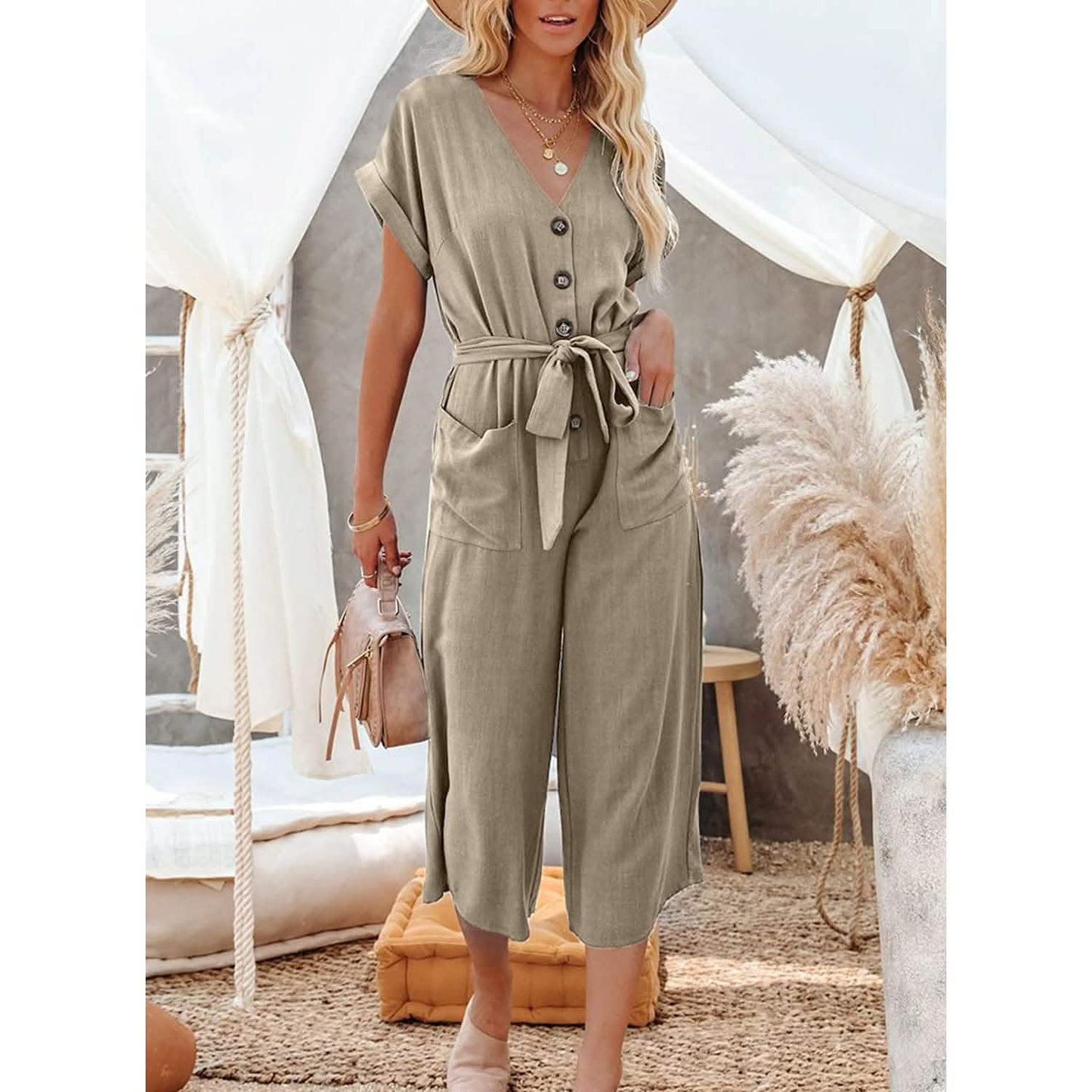 Damen Kurzarm V-Ausschnitt Knopfleiste Gürtel Weites Bein Jumpsuit