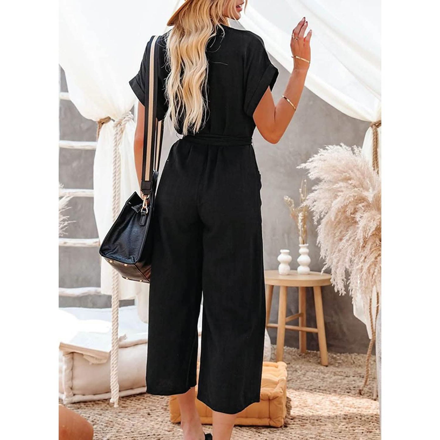 Damen Kurzarm V-Ausschnitt Knopfleiste Gürtel Weites Bein Jumpsuit