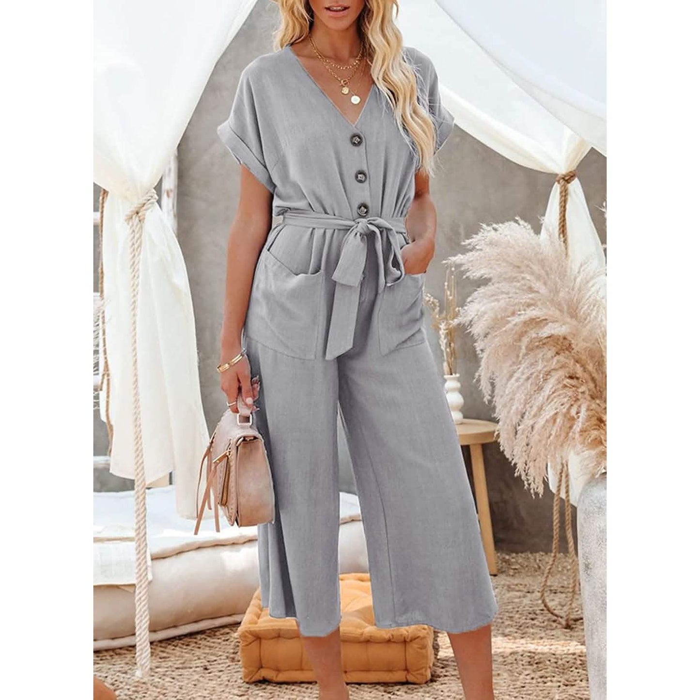 Damen Kurzarm V-Ausschnitt Knopfleiste Gürtel Weites Bein Jumpsuit