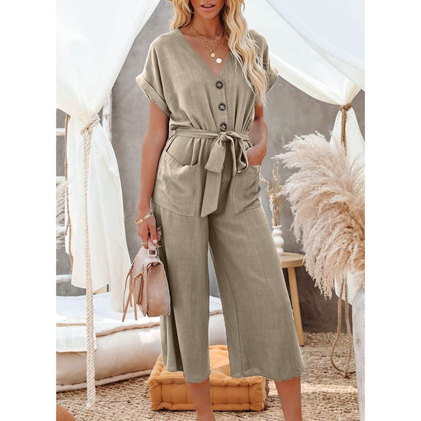 Damen Kurzarm V-Ausschnitt Knopfleiste Gürtel Weites Bein Jumpsuit