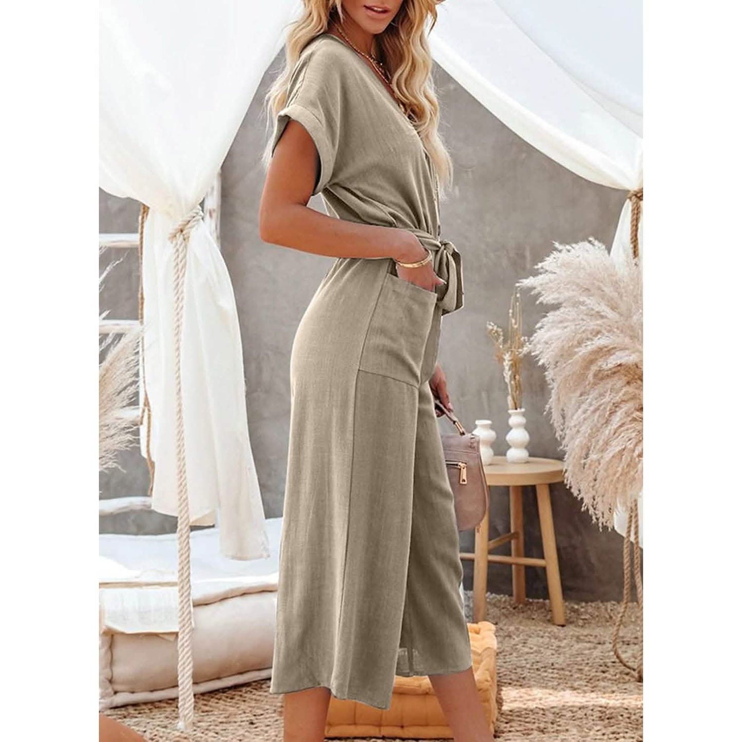 Damen Kurzarm V-Ausschnitt Knopfleiste Gürtel Weites Bein Jumpsuit