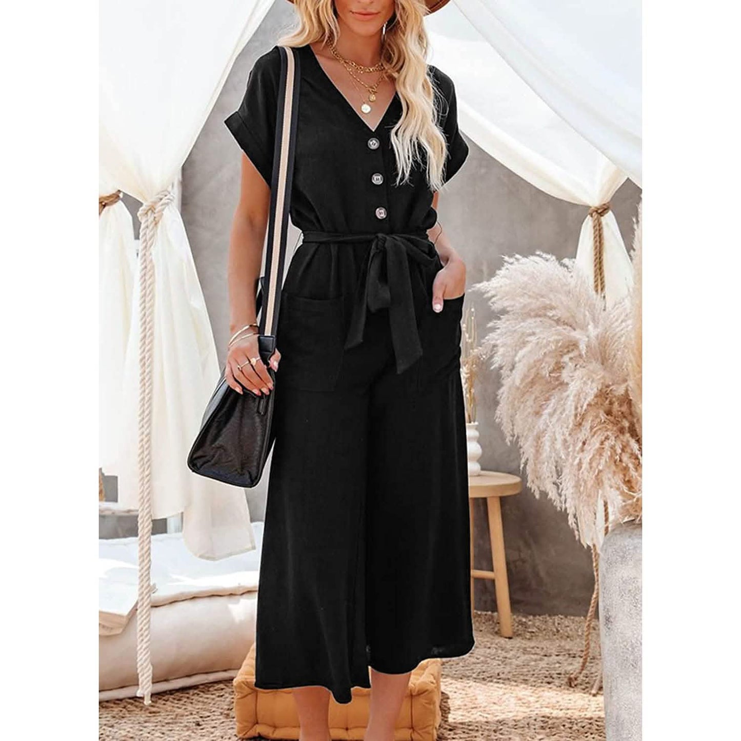 Damen Kurzarm V-Ausschnitt Knopfleiste Gürtel Weites Bein Jumpsuit
