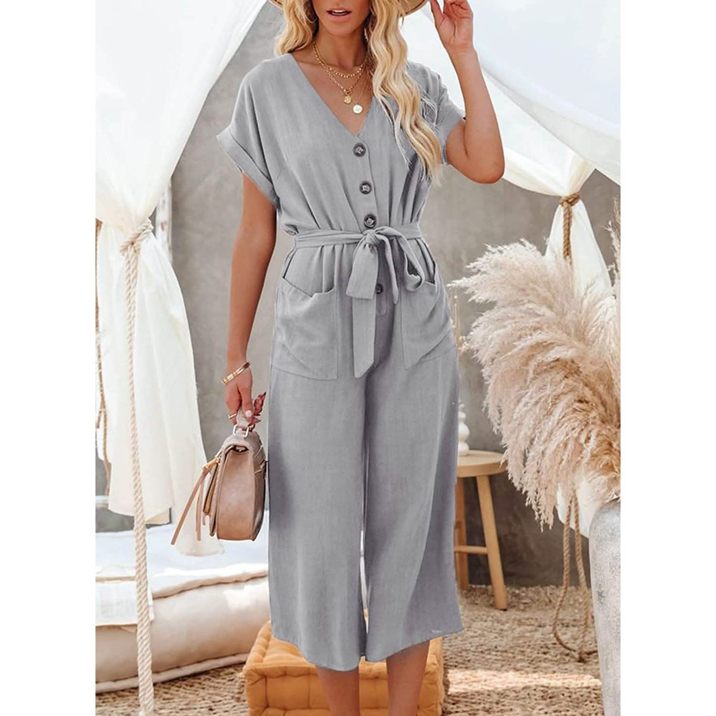 Damen Kurzarm V-Ausschnitt Knopfleiste Gürtel Weites Bein Jumpsuit