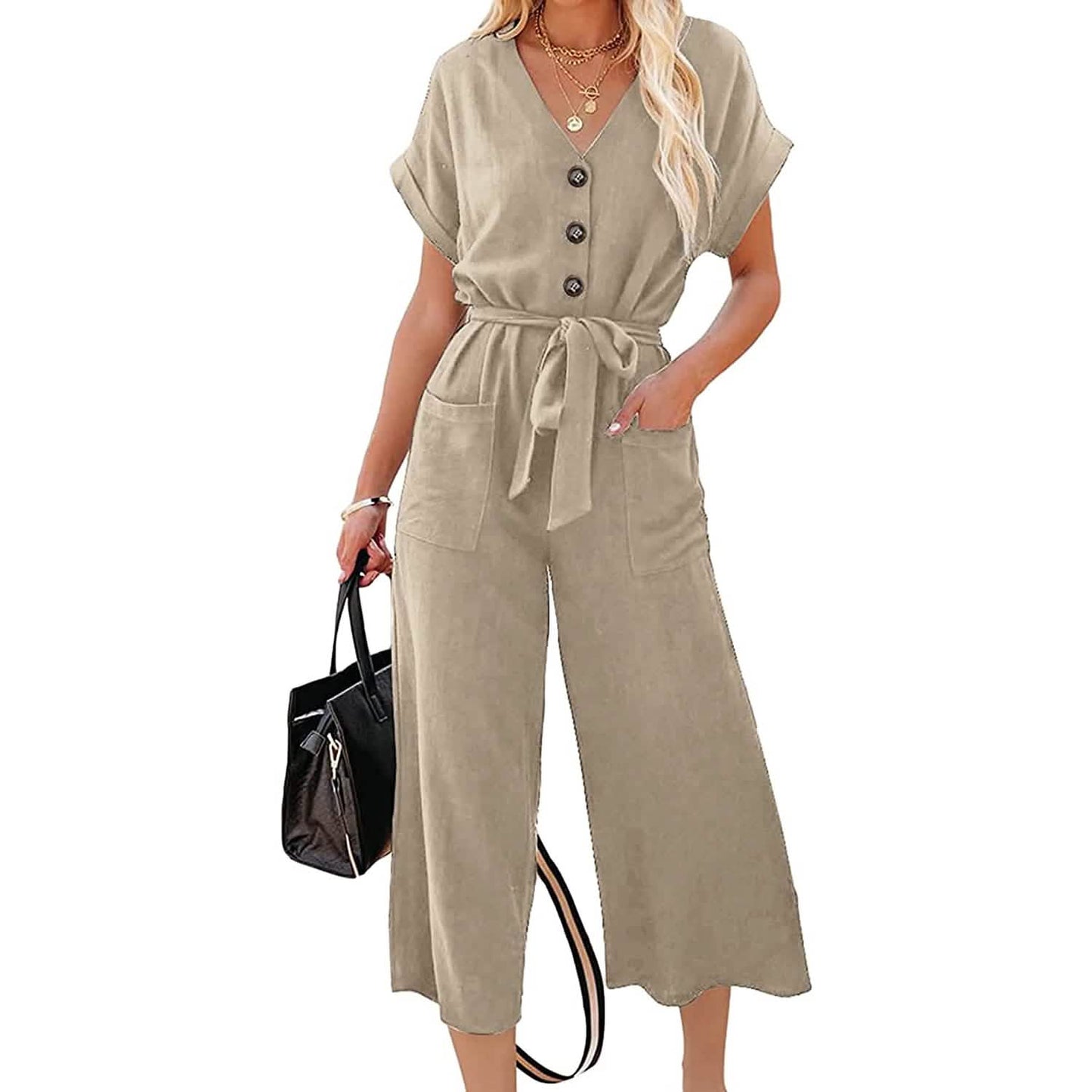 Damen Kurzarm V-Ausschnitt Knopfleiste Gürtel Weites Bein Jumpsuit