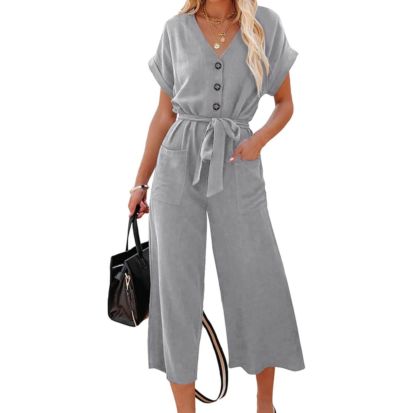 Damen Kurzarm V-Ausschnitt Knopfleiste Gürtel Weites Bein Jumpsuit