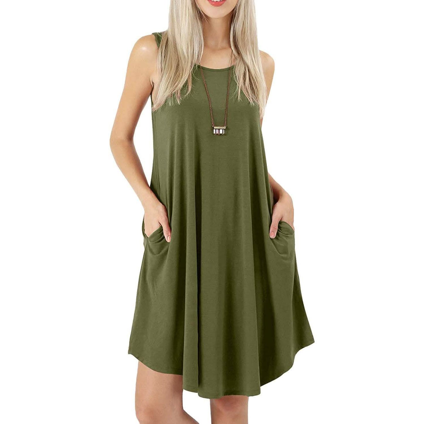 Damen ärmellos Taschen Freizeit Schwing T-Shirt Kurze Kleider
