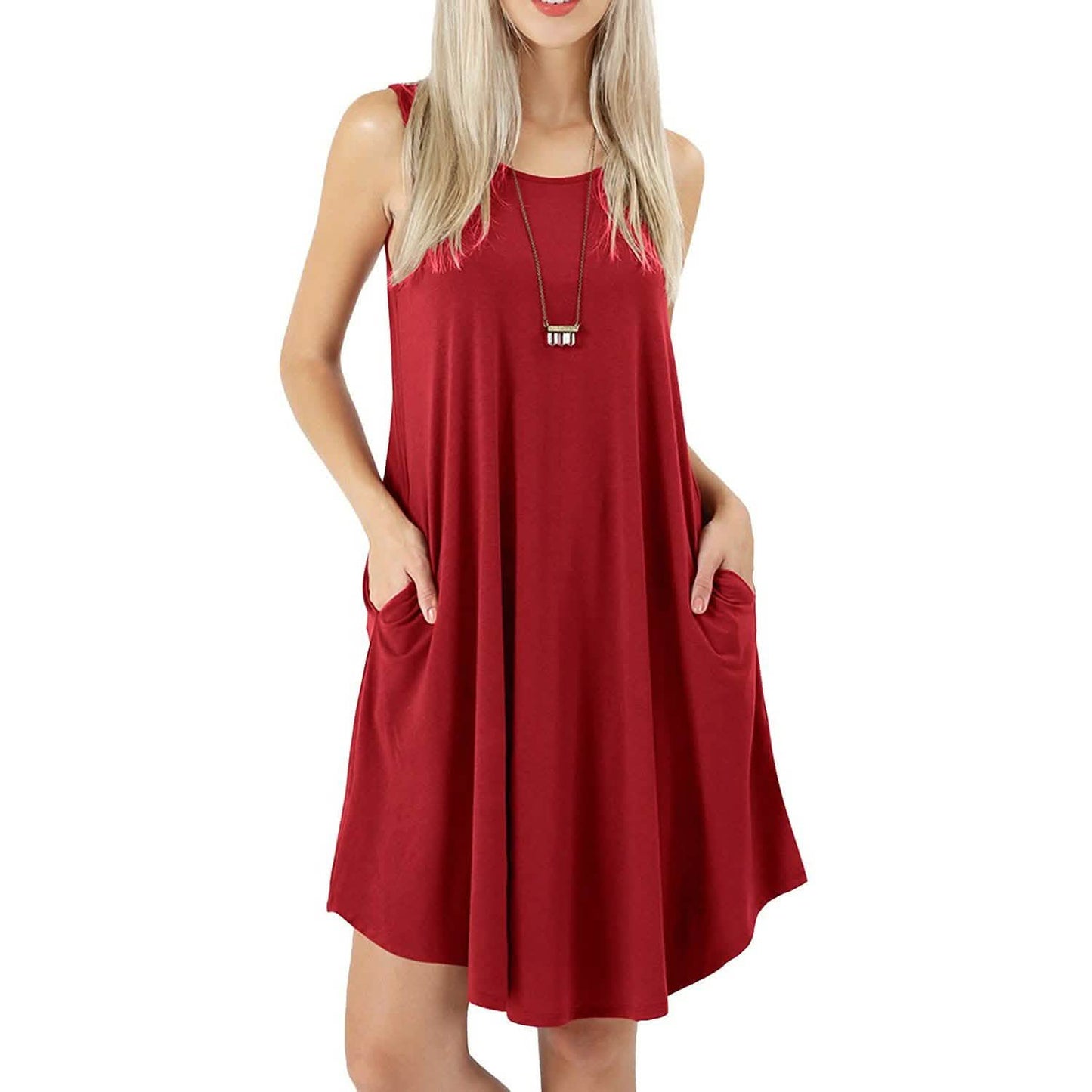 Damen ärmellos Taschen Freizeit Schwing T-Shirt Kurze Kleider