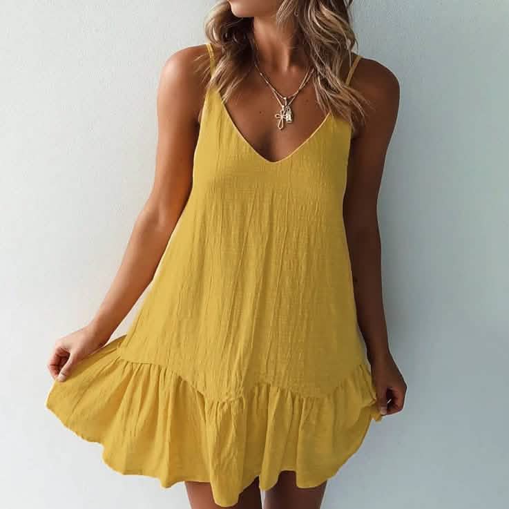 Damen ärmelloses, einfarbiges Mini-Kleid mit V-Ausschnitt