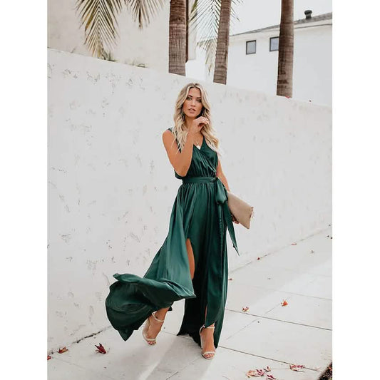 Damen Maxikleid mit Schlitz und Bindedetail in Unifarbe