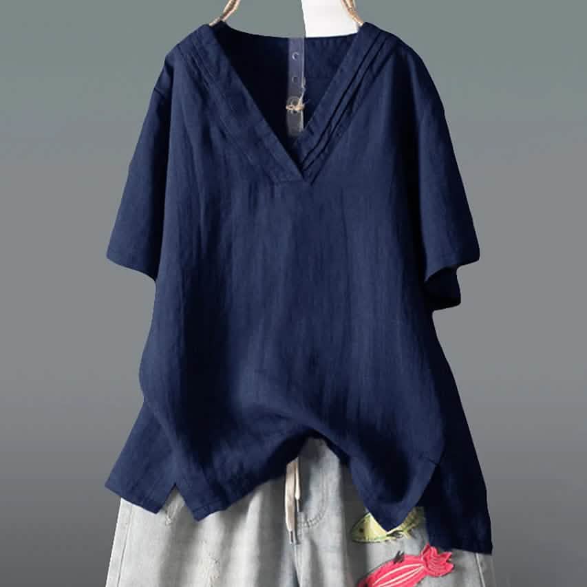 Damen einfarbiges V-Ausschnitt-Shirt mit halbem Arm