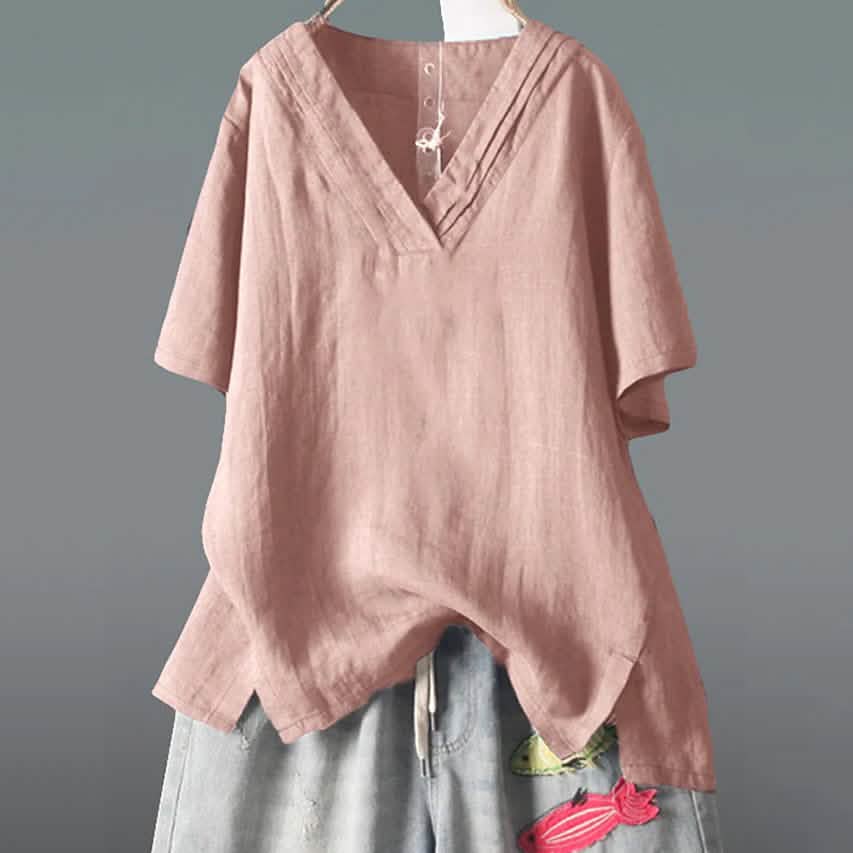 Damen einfarbiges V-Ausschnitt-Shirt mit halbem Arm
