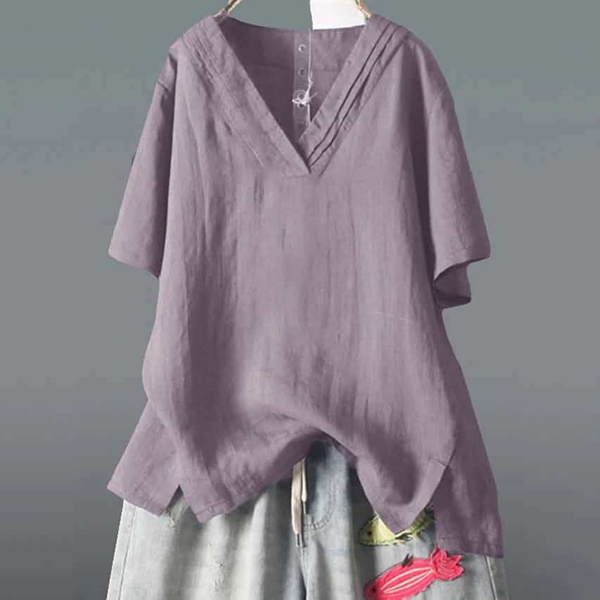 Damen einfarbiges V-Ausschnitt-Shirt mit halbem Arm