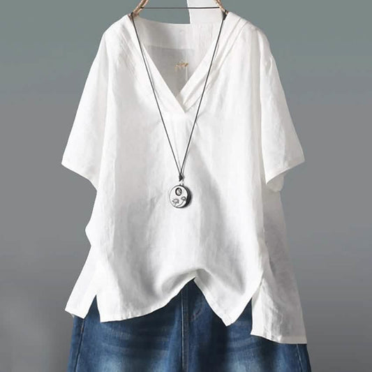 Damen einfarbiges V-Ausschnitt-Shirt mit halbem Arm