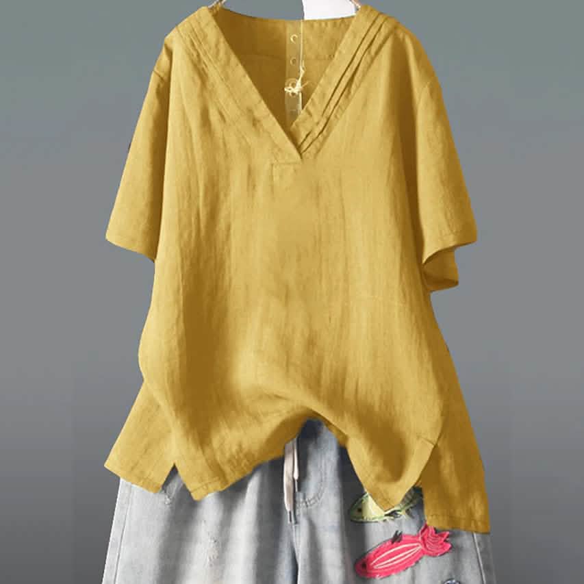Damen einfarbiges V-Ausschnitt-Shirt mit halbem Arm