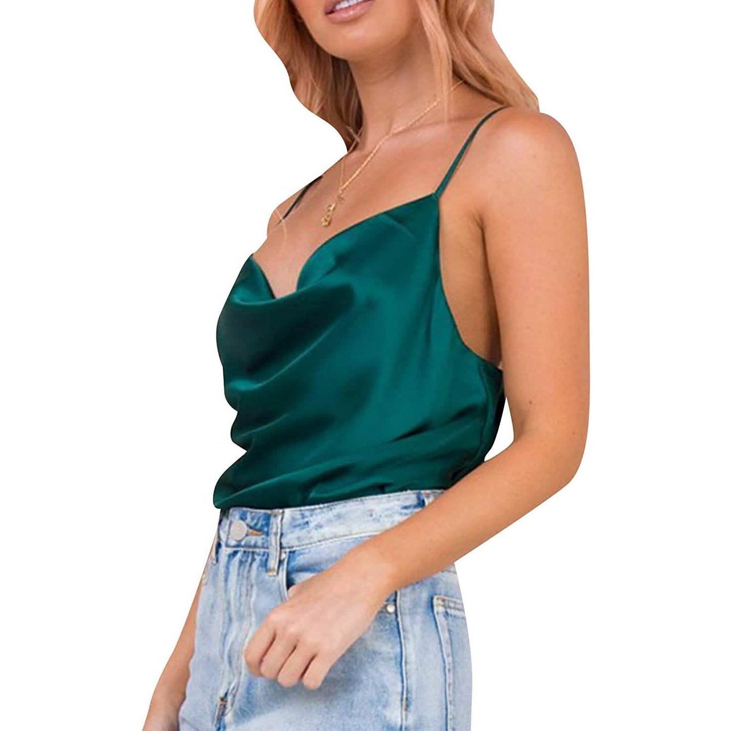Damen-Spaghettiträger-V-Ausschnitt-Satin-Trägerkleid