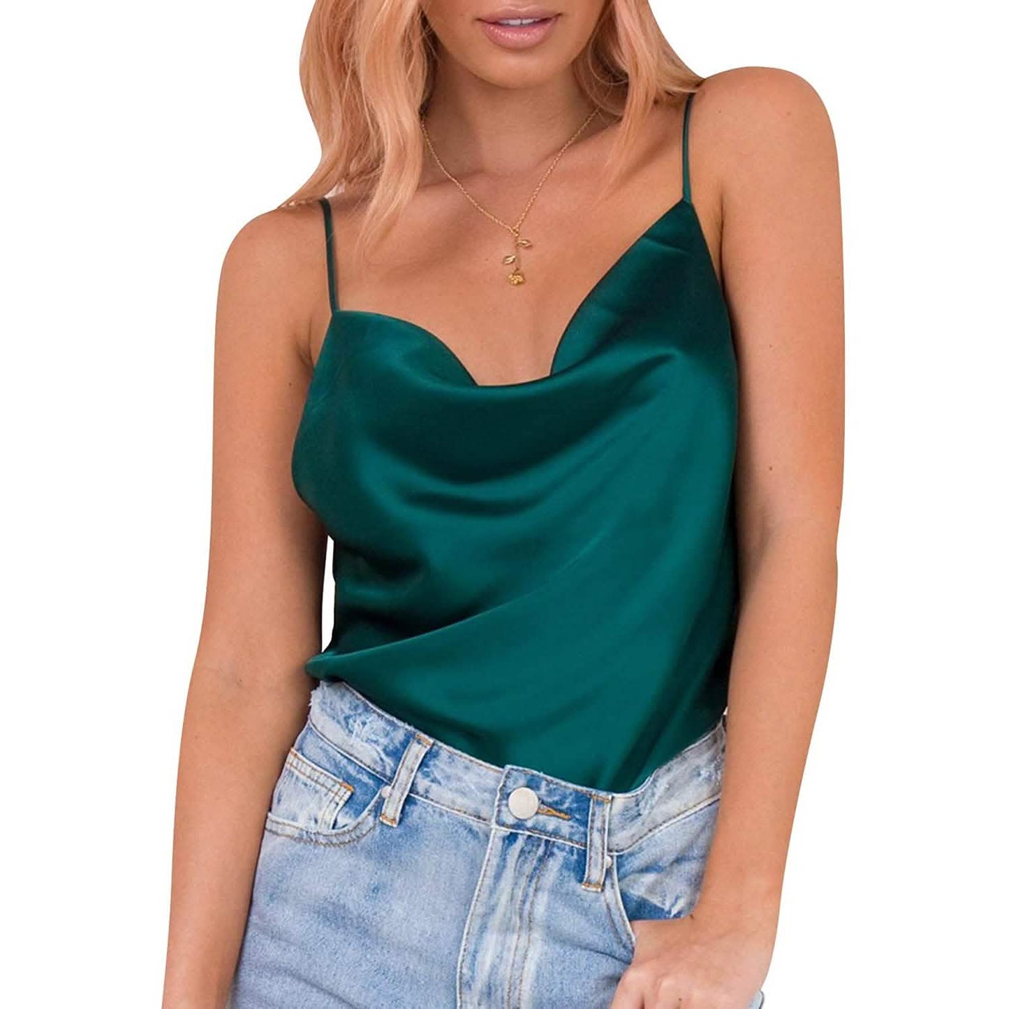 Damen-Spaghettiträger-V-Ausschnitt-Satin-Trägerkleid