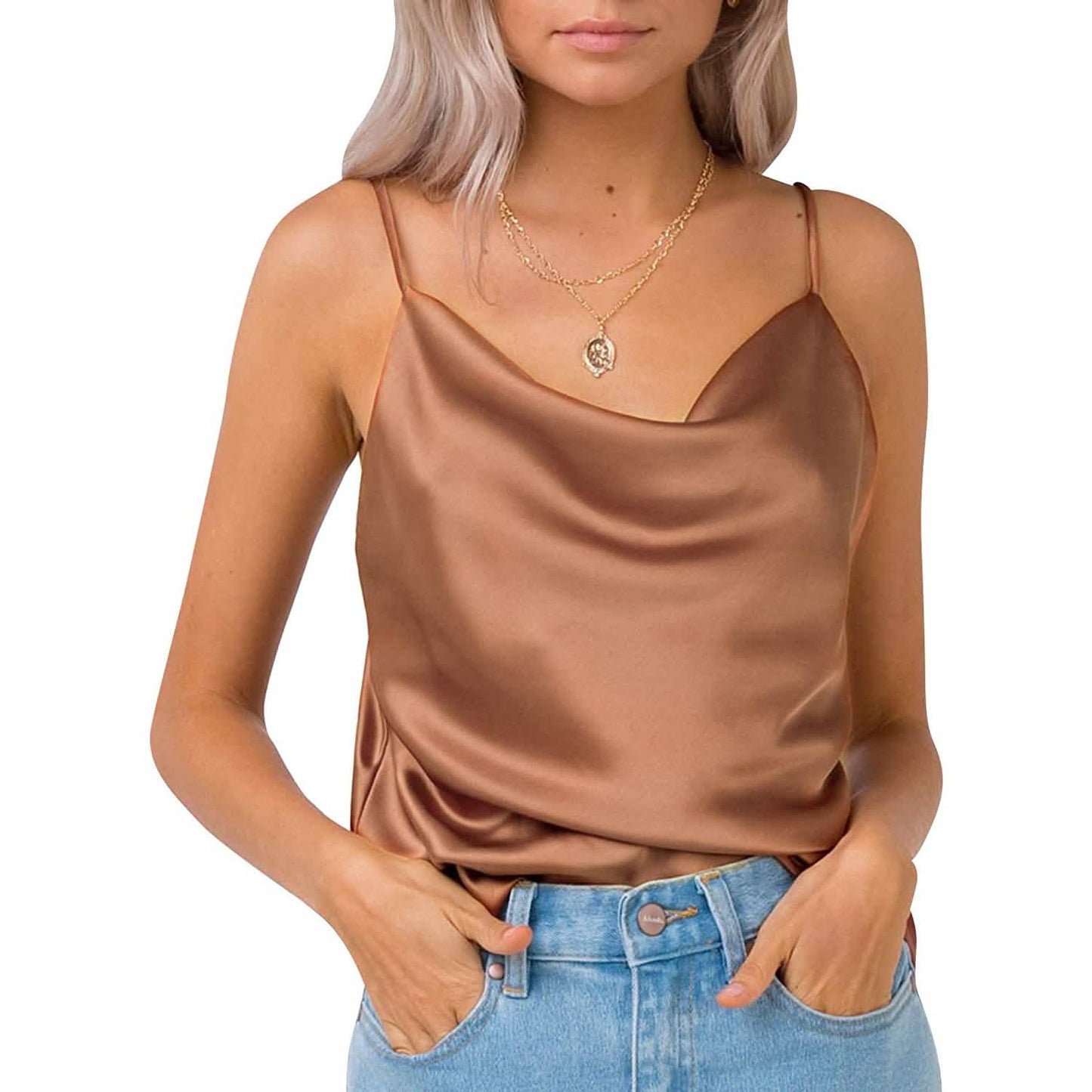 Damen-Spaghettiträger-V-Ausschnitt-Satin-Trägerkleid
